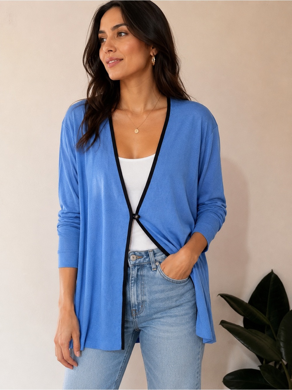 Misook Woman Blue Open Front Knit Cardigan Sweater Black Trim 2X